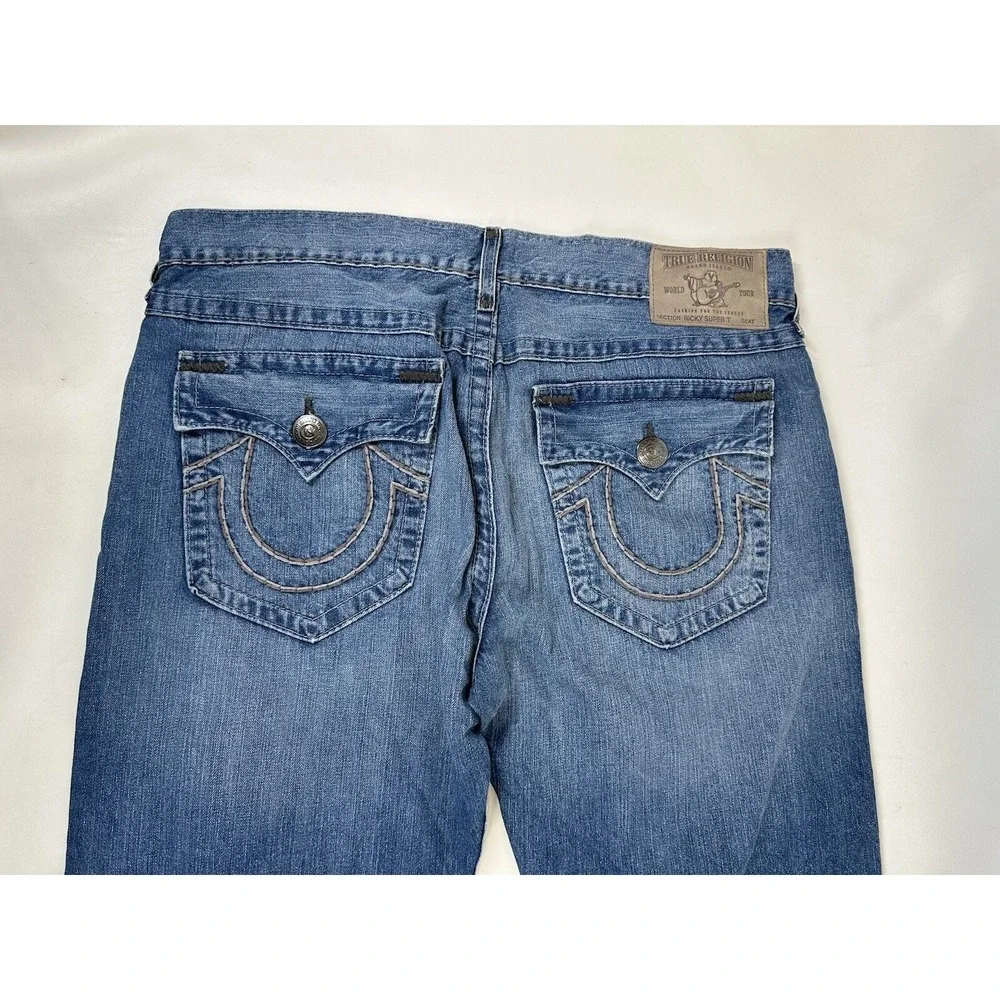 True Religion Jeans Mens 40x30 Ricky Super T Flap Pockets Blue HEMMED